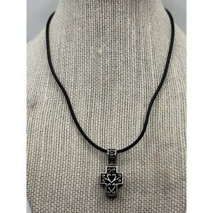 Sterling Silver Square Reversible Cross Pendant & Black Leather 925 Necklace